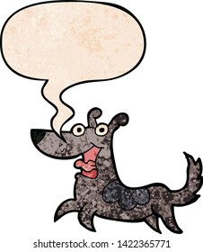 happy dog cartoon with speech bubble in retro texture style