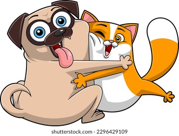 Happy Dog And Cat Cartoon Characters Together In Hug. Vector Hand Drawn Illustration Isolated On Transparent Background