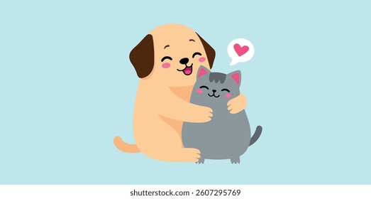 happy dog and cat embracing in a friendly hug