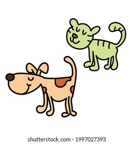 Happy dog and cat walking cartoon drawing vector eps, pets animal illustration