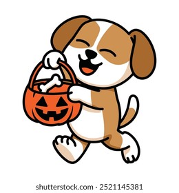 Happy Dog Celebrates Trick-or-Treating with Pumpkin Basket