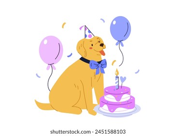 Happy dog celebrating birthday party with balloons and eating homemade dog cake. Puppy receiving surprise holiday gift. Vector illustration 