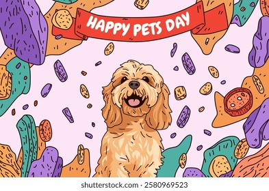 Happy dog celebration pet day colorful background. Cheerful dog surrounded by playful abstract shapes and treats in vibrant colors. Perfect for banners and web design