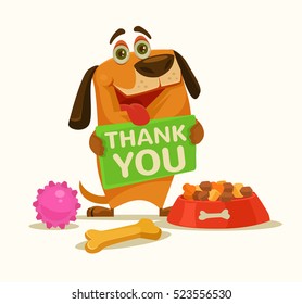 Happy Dog Character Hold Plate With Thank You Words. Vector Flat Cartoon Illustration