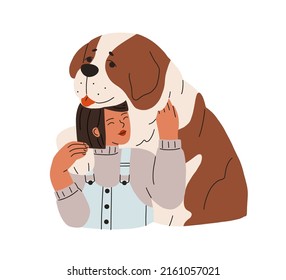 Happy dog and child. Girl pet owner with large canine animal friend and companion. Love and friendship between human and Saint Bernard doggy. Flat vector illustration isolated on white background