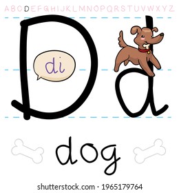 Happy dog with collar and playing with bone, teaching at you the letter 'D', with an example: D is for Dog.