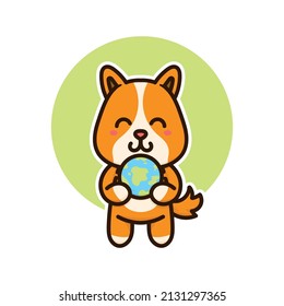 happy dog cute and earth planet adorable cartoon doodle vector illustration flat design style