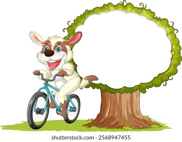 Happy dog cycling beside a large tree