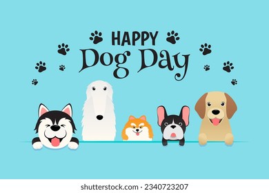 Happy Dog Day Greeting Card Vector illustration. Cute cartoon dogs