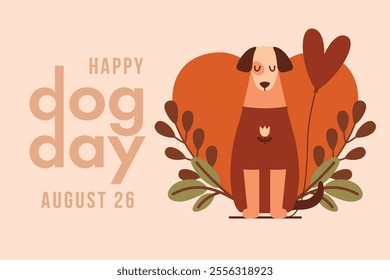 Happy Dog Day. Horizontal web banner template with sitting dog with big heart on background. Naive illustration with kawaii puppy and balloon, domestic pet for card, poster, leaflet, marketing.