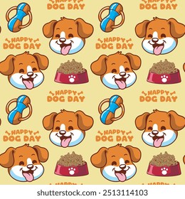 Happy Dog Day with toys, dog food seamless Pattern in Cartoon Vector Illustration Design