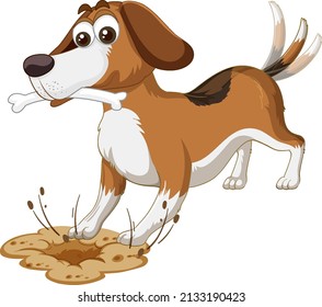 Happy Dog Digging Bones On White Background Illustration