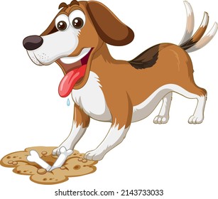 Happy Dog Digging Bones On White Background Illustration