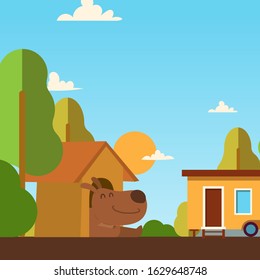 Happy dog in doghouse, vector illustration. Simple outdoor scene, cute pet cartoon character. Flat style landscape with trees and clouds, home for dog. Domestic animal in backyard, puppy in doghouse