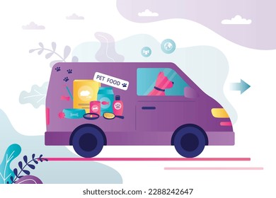 Happy dog drive van and delivering pet food, kibble bags. Delivery truck with advertising design. Dog and cat food fast delivery service. Vehicle, friendly service. Flat vector illustration