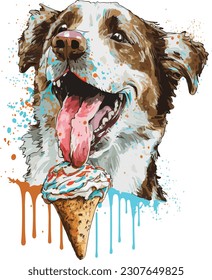 Happy Dog Eating Cake a cartoon tshirt, Vector, illustration