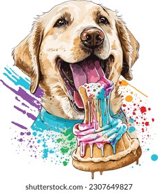 Happy Dog Eating Cake a cartoon tshirt, Vector, illustration