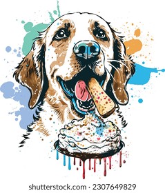 Happy Dog Eating Cake a cartoon tshirt, Vector, illustration