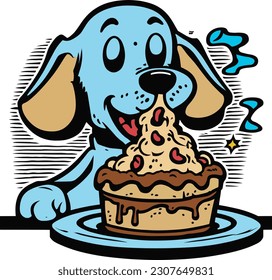 Happy Dog Eating Cake a cartoon tshirt, Vector, illustration