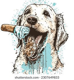 Happy Dog Eating Cake a cartoon tshirt, Vector, illustration