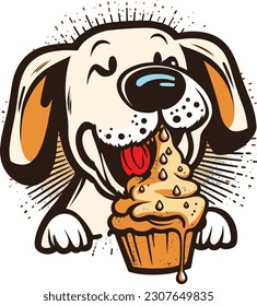 Happy Dog Eating Cake a cartoon tshirt, Vector, illustration