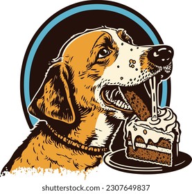 Happy Dog Eating Cake a cartoon tshirt, Vector, illustration