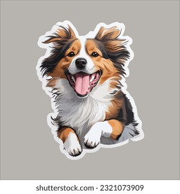 Happy dog face isolated on white background. Smiling puppy sticker. Purebred little dog cartoon character. Funny mascot template. Hand drawing brown pet. Doggy tongue emotional portrait