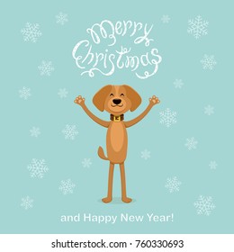 Happy dog and falling snowflakes with text Merry Christmas and Happy New Year on blue background, illustration.