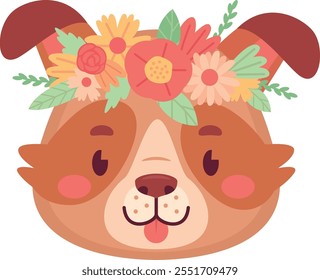 Happy dog in flower wreath. Cheerful animal face isolated on white background