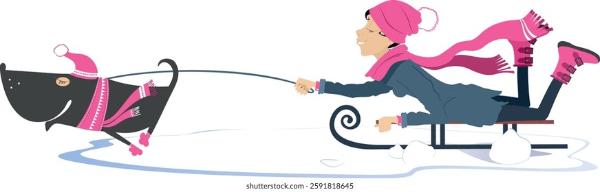 Happy dog. Girl rides on sledge.
Dog dragging a young woman on a sledge. Pretty young girl rides on sledge in warm clothes like hat and scarf
