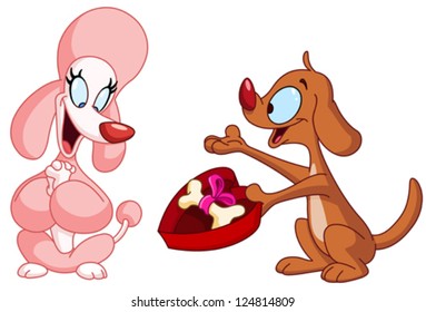 Happy dog giving a bone in an heart gift box to his poodle girlfriend