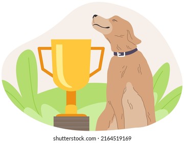 Happy Dog With Gold Cup Icon On Green Park Background Flat Illustration Of Dog Show Winner. Champion With Award In Doggy Competition. Cheerful Domestic Animal With Trophy. Achievement Of Cute Pet