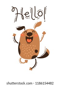 A happy dog greets you Hello. Vector illustration in cartoon style.