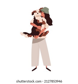 Happy dog in hands of pet owner. Person hugging doggy with love. Woman and canine animal portrait. Female and Labradoodle companion, furry friend. Flat vector illustration isolated on white background