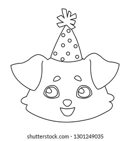Happy Dog head in a festive cap. Linear, black and white image of a pet. Vector illustration for coloring book, stencil, design, prints.