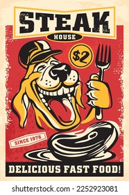 Happy dog holding the fork and eating delicious beef steak cartoon style drawing. Retro poster ad for steak house with funny dog and chop of meat. Vector illustration.