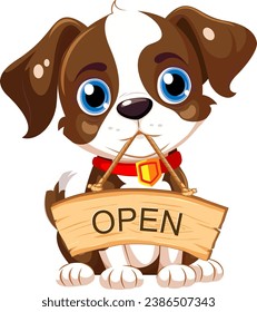 A happy dog holding a wooden open sign