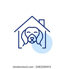 Happy dog in house Pet adoption, furry friends companionship. Pixel perfect, editable stroke icon