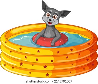 A Happy dog in inflatable pool on white background illustration