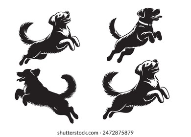 A happy dog jumping with joy, silhouette vector style with a white background