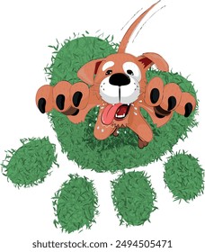 happy dog leaping. grass floor shaped like paw prints.