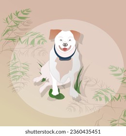 Perro feliz con hojas en el fondo 