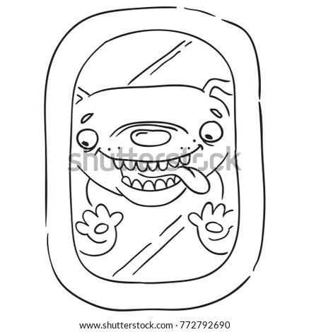 A happy dog, looking through the airplane window tongue out. Isolated vector illustration.