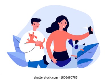 Happy dog lovers taking selfie. Men and woman holding pets in arms and posing for phone camera flat vector illustration. Animal care, photography concept for banner, website design or landing web page