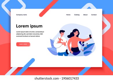 Happy dog lovers taking selfie. Men and woman holding pets in arms and posing for phone camera flat vector illustration. Animal care, photography concept for banner, website design or landing web page