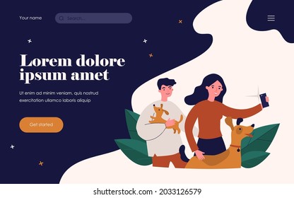 Happy dog lovers taking selfie. Men and woman holding pets in arms and posing for phone camera flat vector illustration. Animal care, photography concept for banner, website design or landing web page