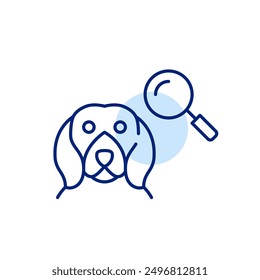 Happy dog and magnifying glass. Matching pets with their adoptive families. Pixel perfect, editable stroke icon