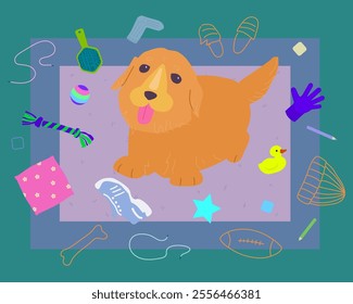 Happy dog with many different objects on the carpet.
