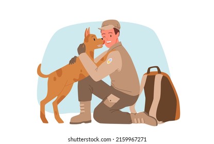 Happy Dog Meeting Pet Owner Returning From Military Service. Cartoon Soldier Veteran Character In Camouflage Uniform Hugging Adorable Puppy Flat Vector Illustration. Best Friend, Love Concept