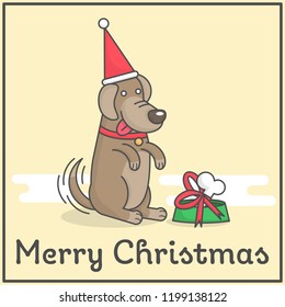 Happy dog with Merry Christmas gift in cute flat cartoon design for book decoration and design elements. Merry Christmas cartoon vector illustration.